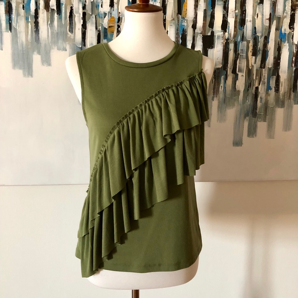 J. Crew Sleeveless Green Front Ruffle Top Sz Small